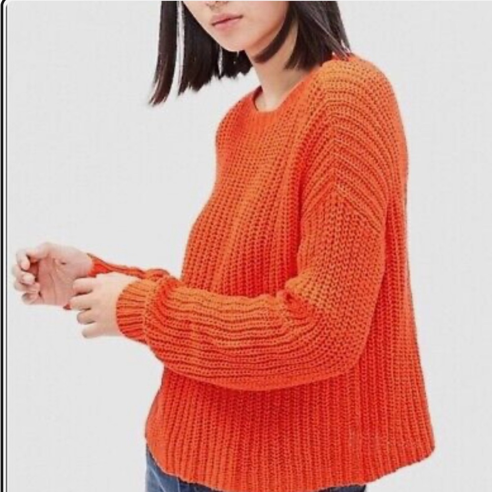 Eileen Fisher NWT Crop Sweater Crew Cotton Blend Hot Red/Orange Size L
